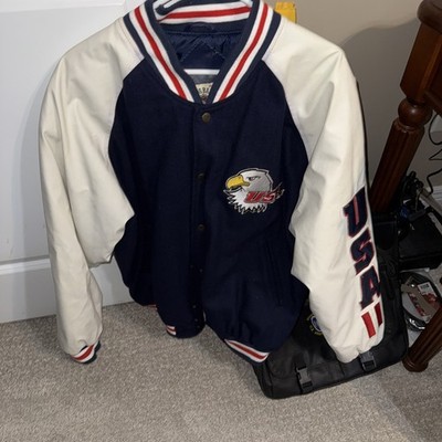 Vtg Steve Barrys Varsity Jacket Patriotic Eagle Flag USA Wool and Faux Leather M