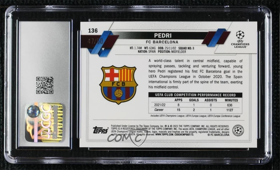2022 Chrome UEFA Club Competitions Gold Mini-Diamond Refractor /50 Pedri CGC 10 - Image 2 of 2