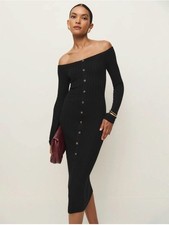 Reformation Nara Cashmere Sweater Dress Black Ribbed Off Shoulder Midi S