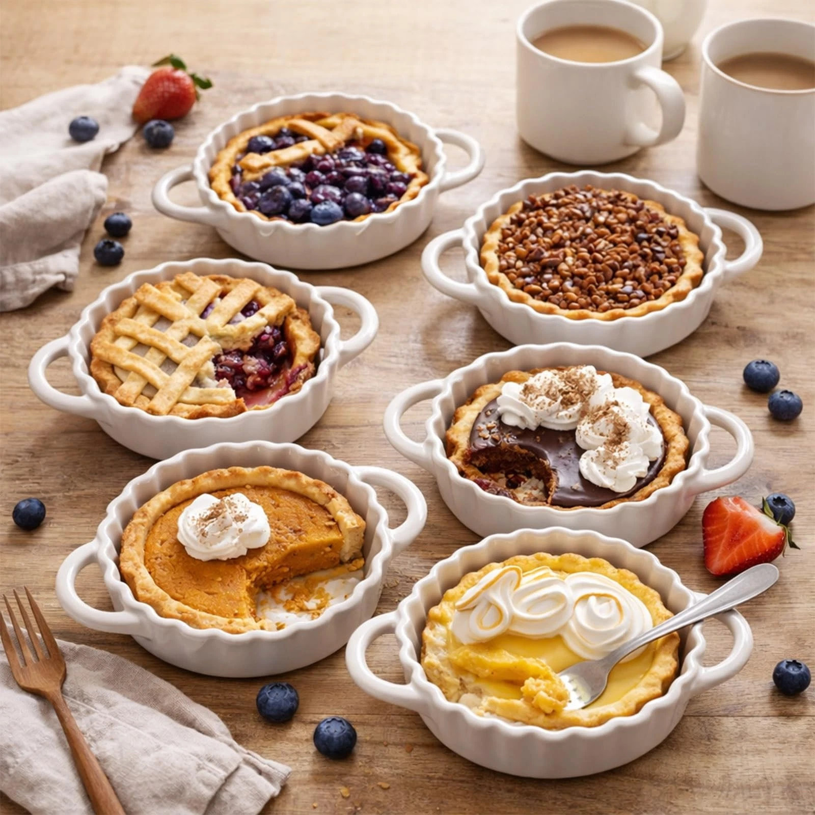 5in Ceramic Mini Pie Pan Set of 6 with Handles for Pie Quiche Tart. Easy to g...