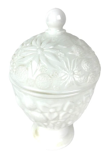 Vintage White MilK Glass Candy Dish With Top 6" Tall 3 3/4" Diameter Floral