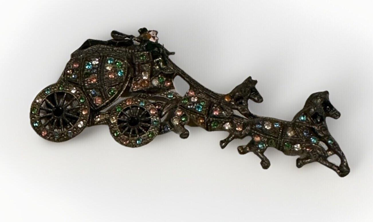 Vintage Horse Carriage Rhinestone Articulated Stage Coach Enamel Brooch Potmetal