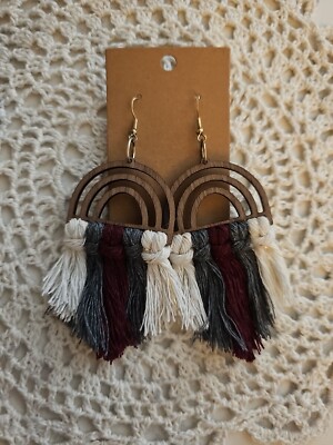 Handmade Boho Rainbow Macrame Earrings in White, Burgundy and Blue Brand  New!