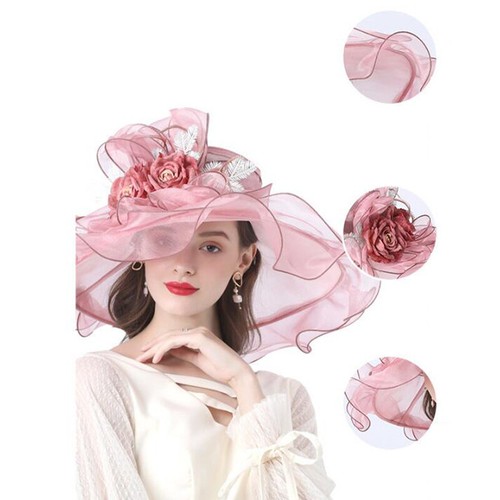 Organza Hat Church Dress Wide Brim Bridal Floral Cap Tea Party Wedding Women - Picture 9 of 19