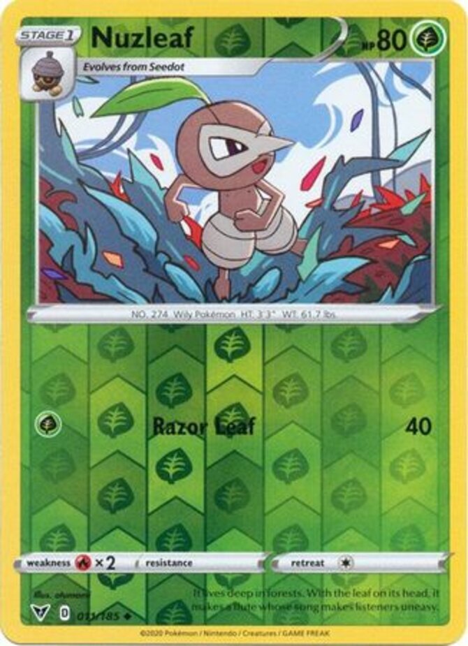 LP Pokemon Nuzleaf - 011/185 - Uncommon - Reverse Holo Lightly Played Vivid Volt LP Pokemon Nuzleaf - 011/185 - Uncommon - Reverse Holo Lightly Played Vivid Volt