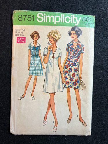 Simplicity Sewing Pattern 8751 Misses Dress Size 12-1/2 Bust 35 Cut ...
