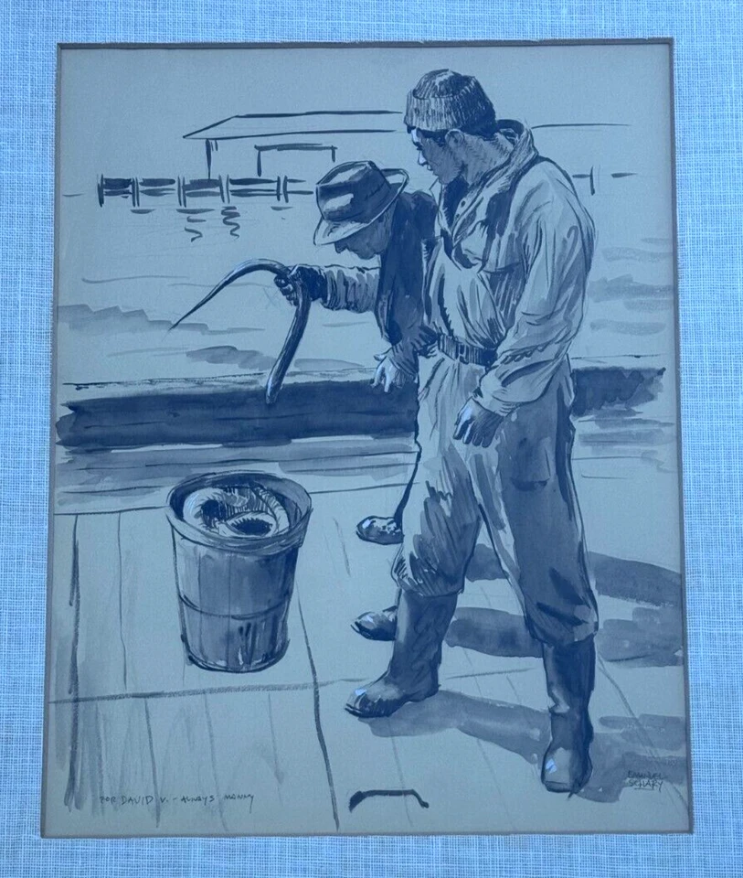 Emanuel Schary Signed Original Painting Eel Fishermen Sea Fishing - Image 2 of 4