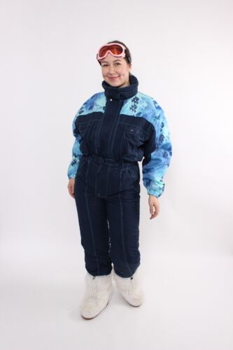 90s blue ski suit, vintage one piece snowsuit, printed ski jumpsuit, Size M - Picture 1 of 6