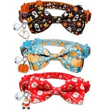 Holiday Cat Collar with Bow and Bell 3 Set Halloween Thanksgiving Christmas C...