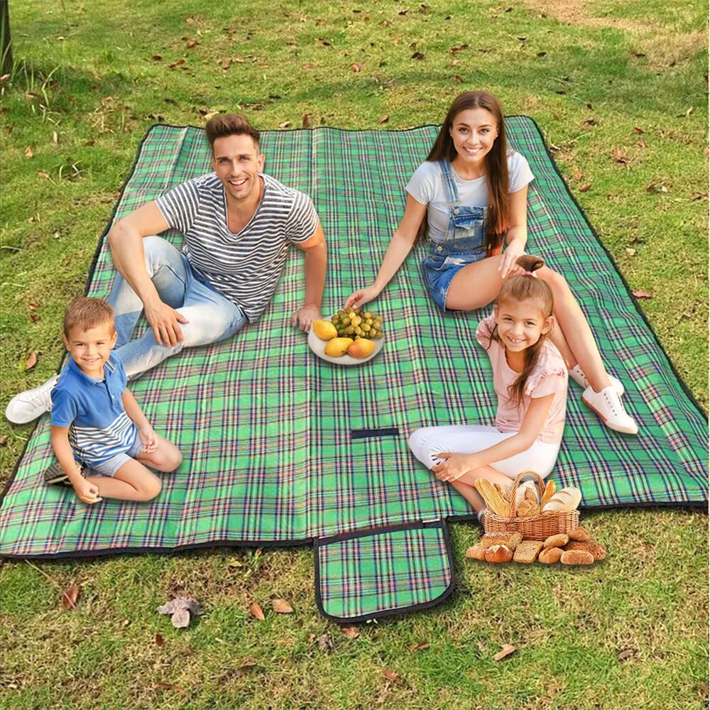 Armo Extra Large Tartan Picnic Blanket With Carrying 200 x 200 cm, Green - Image 5