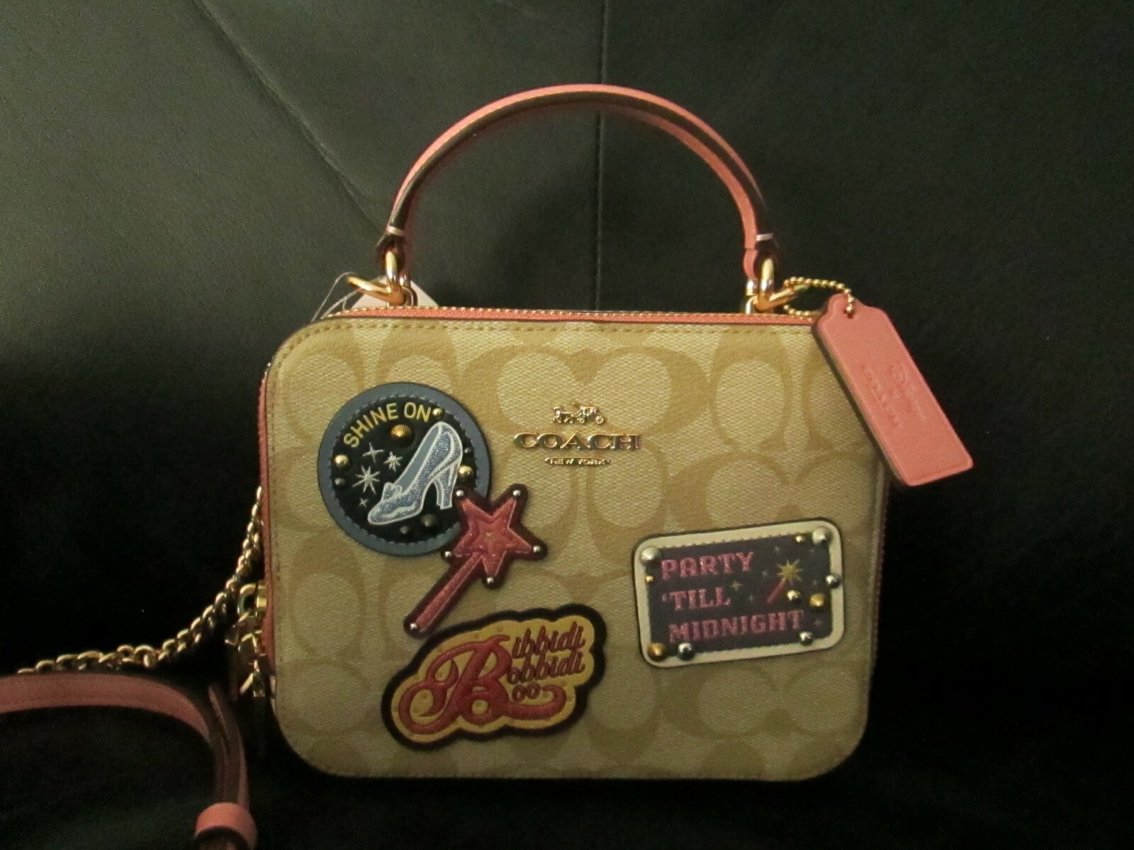 Rare Disney X  Coach Box Crossbody Purse Bag Cinderella Canvas Pink Patches image 3