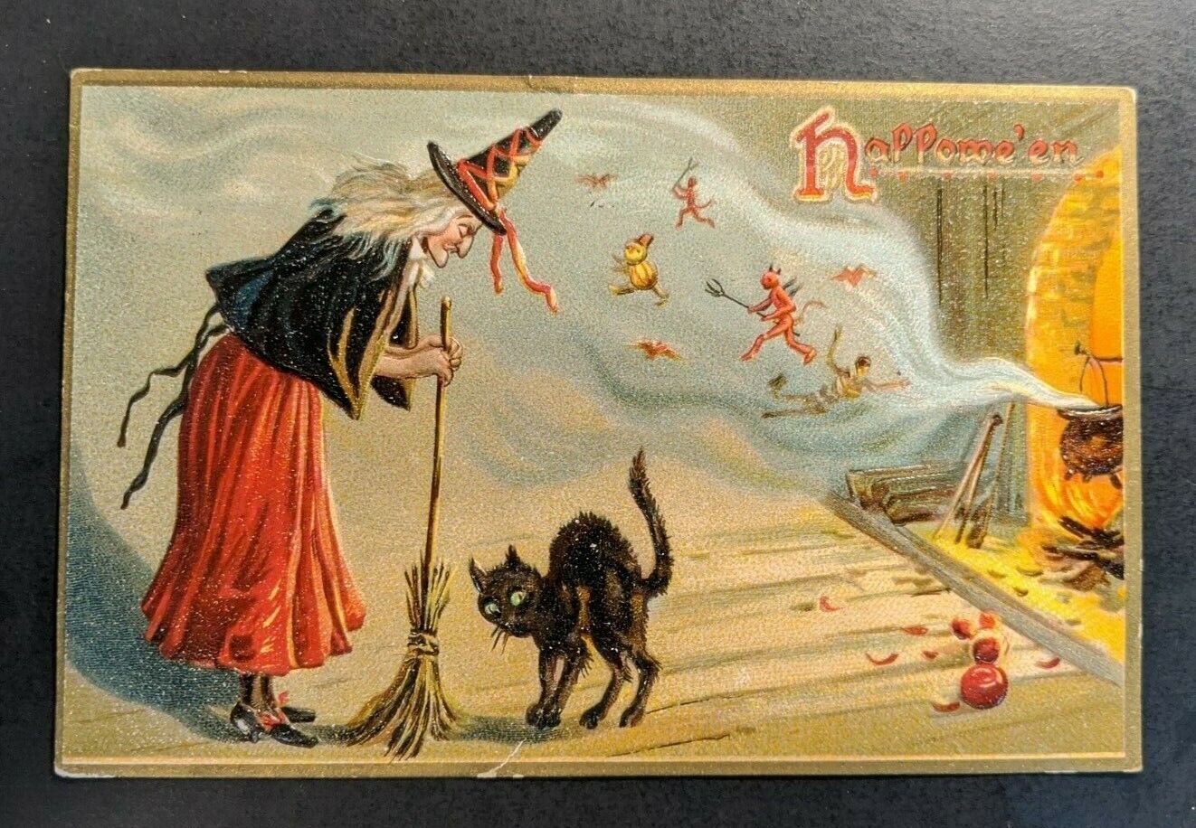 1908 Witch Black Cat Embossed Illustrated Halloween Postcard Cover ...