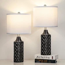 Ceramic Table Lamps Set of 2, Modern Bedside Lamp 25" Nightstand 25 inch Black
