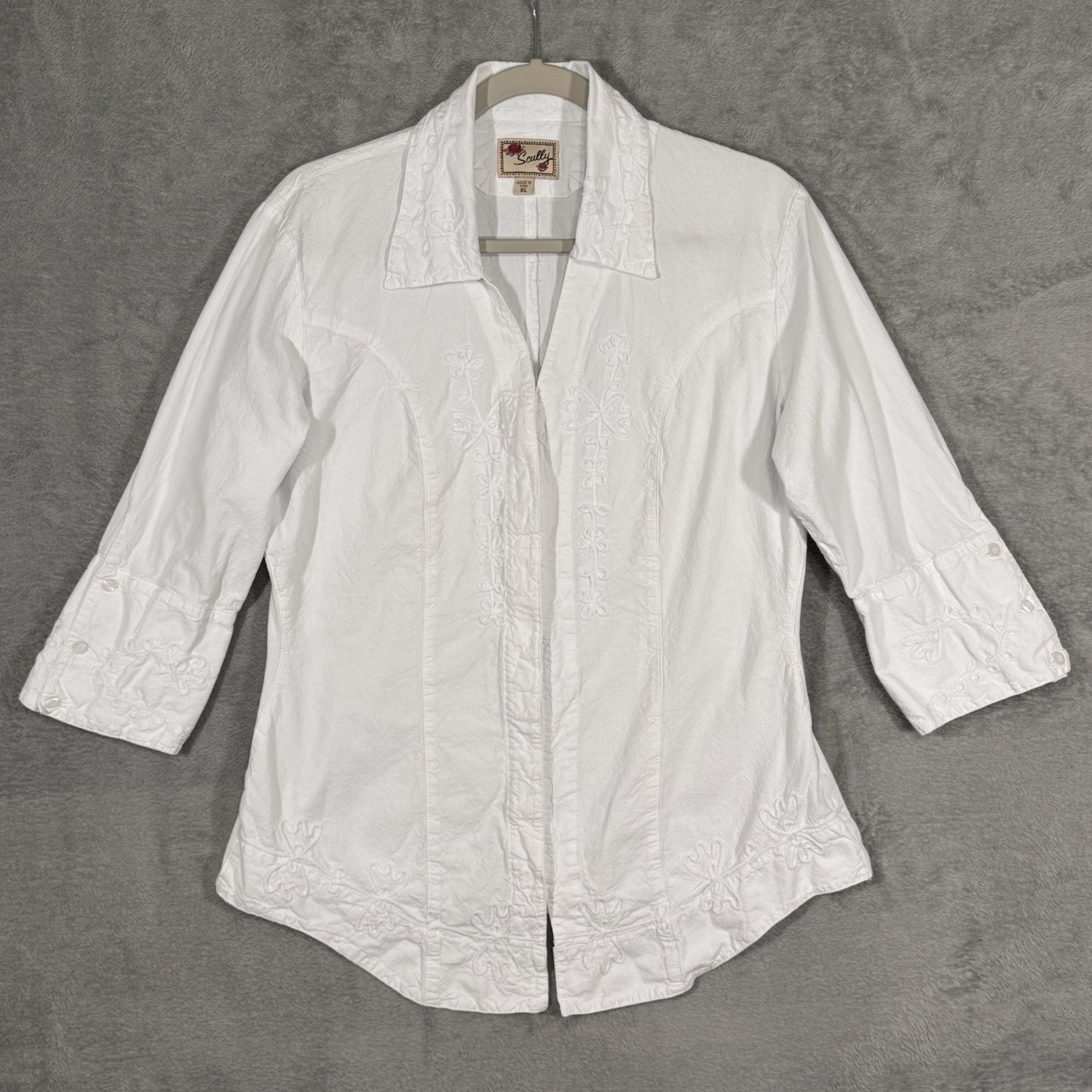 Scully Cantina Womens White Embroidered Western Blouse Shirt XL Cotton 3/4 Peru