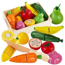 Wooden Play Food Set Cutting Fruits and Veggies Toys for Toddlers 1-3,