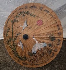 Vintage Asian Paper Parasol Umbrella Crane Bamboo Hand Painted 33" Decor