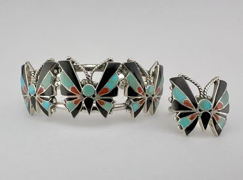 Vtg Zuni Sterling Silver Turquoise & Coral Jet Butterfly Cuff Bracelet Ring Set