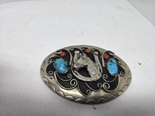 VINTAGE TURQUOISE  CORAL BELT BUCKLE HORSESHOE  3D HORSE HEAD Damage 