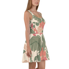 Women's Tropical Print Skater Dress Coral Green Floral Flared Summer UPF 50+