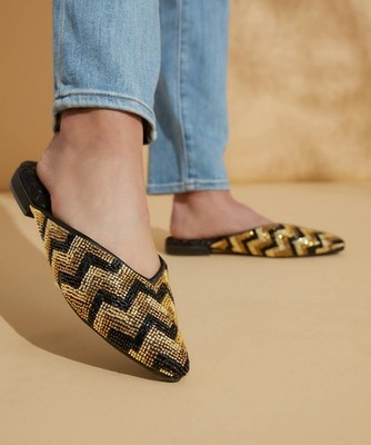 Birdies Slides Mules Beaded Black Gold Shoes Womens Size 6.5 NEW No Box