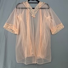 Vintage Fredericks of Hollywood Peach Sheer Mesh Lace Robe Babydoll Set Med 9911
