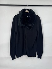 Black Saks Fifth Ave Faux Fur Trim Snap Up Sweater Women XL Old Money