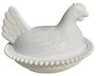 Vintage White Milk Glass Chicken Hen Nesting Candy Lidded Dish Trinket Bowl 7”