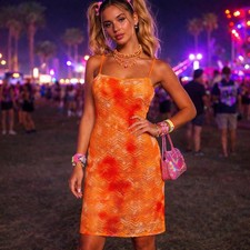 Vintage Y2K Jodi Kristopher Orange Crochet Slip Dress Tie Dye Made USA