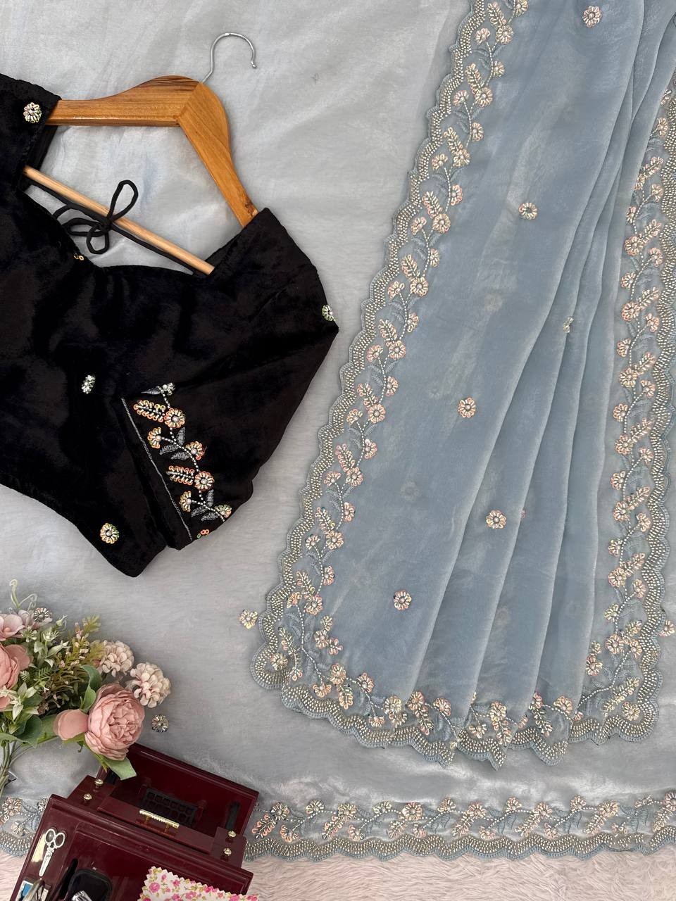 Attractive Look Fendy Silk Sky Blue Saree With Blouse For Function Wear thumbnail 12