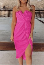 Women's M Pink Solid Satin Strapless Sweetheart Sheath Midi Dress Side Slit