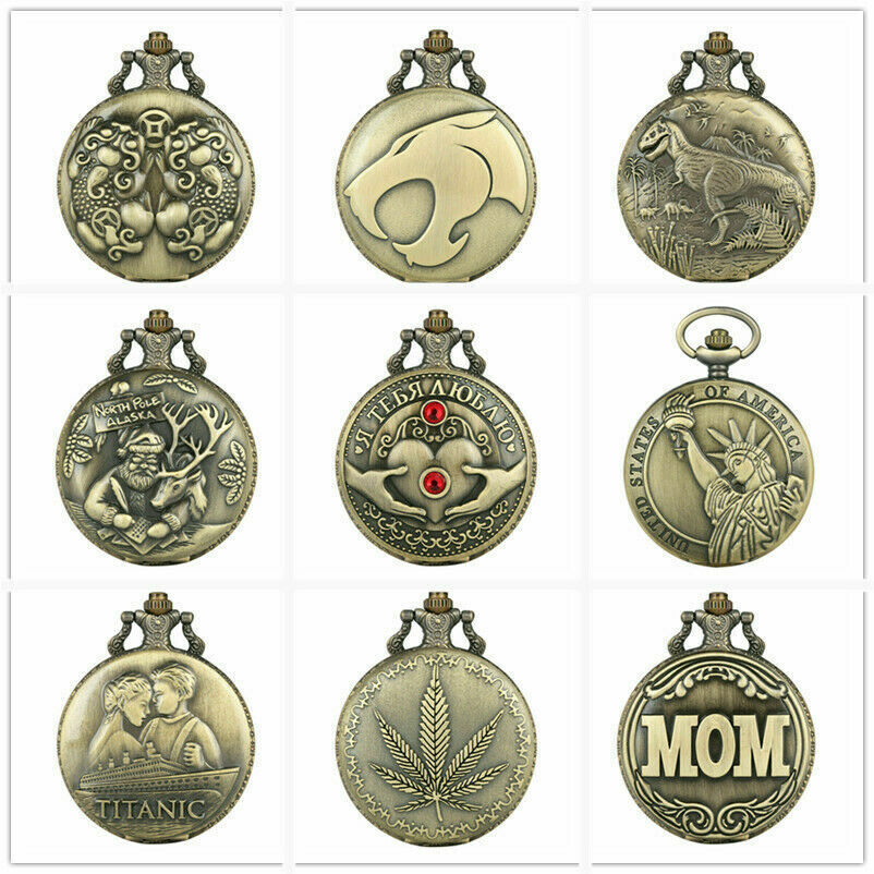 Retro Statue of Liberty Dinosaur Quartz Pocket Watch Necklace Chain for Men and Women