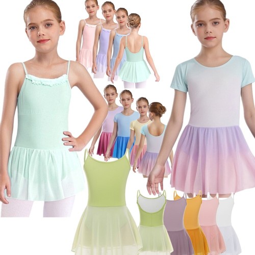 Girls Ruffle Neck Sleeveless Ballet Dress Gymnastics Dance Leotard Tutu Skirt - Picture 3 of 154