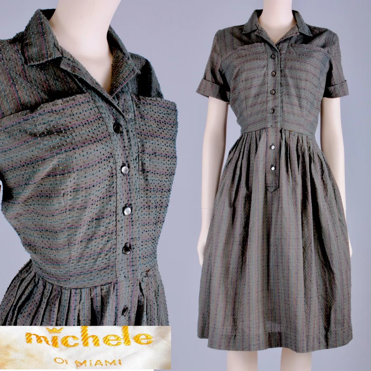 S Vintage 1950s Michele Miami Stripe Textured Cotton Day Dress Pin Up 40s 50s