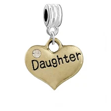 Daughter Heart charm 2 sided pendant with Rhinestones Compatible with European B