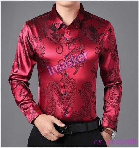 Men's Faux Silk Dress Shirts Dragon Pattern Button-front Slim Fit Business - Picture 11 of 32