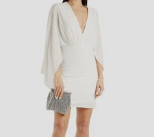 $375 Halston Women's White V-Neck Gathered Batwing Cape Oaklynn Dress Size 2