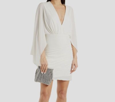 $375 Halston Women's White V-Neck Gathered Batwing Cape Oaklynn Dress Size 2