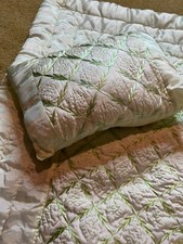 Vintage Rosebud Baby Comforter Satin Quilt Mint Green Crib Blanket Pillow Set