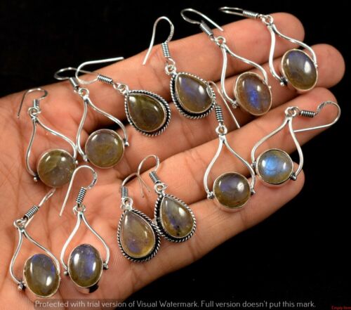 Multi Labradorite Gemstone 925 Sterling Silver Plated 10 Pairs Hook Earrings - Picture 1 of 3