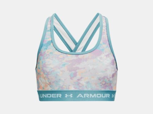 Girl's Under Armour Crossback Mid Printed Sports Bra Youth White Opal Blue Sky - Picture 1 of 6