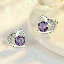 2.00 Ct Round Purple Amethyst Simulated Heart Stud Earrings 925 Sterling Silver