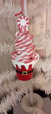 KURT ADLER-6.25'' H CANDY SWIRL RIBBON STYLE TREE IN SANTA BUCKET ORNAMENT-NEW