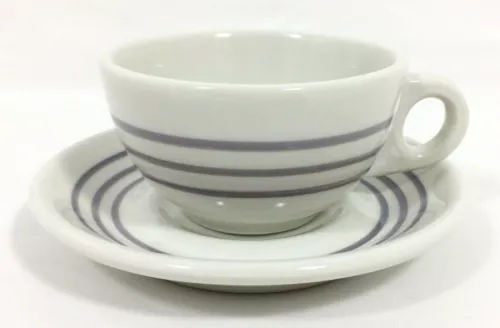 Vtg CARIBE China Cup/Mug & Saucer Set Gray Stripes Rings Puerto Rico USA MCM EX