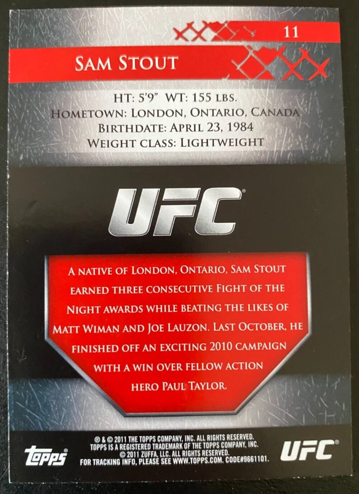Sam STOUT Topps 2011 UFC Title shot Lightweight #11 - Image 2 of 2
