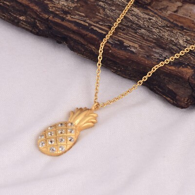 Yellow Gold Plated White Topaz Studded Pineapple Pendant Necklace With Chain