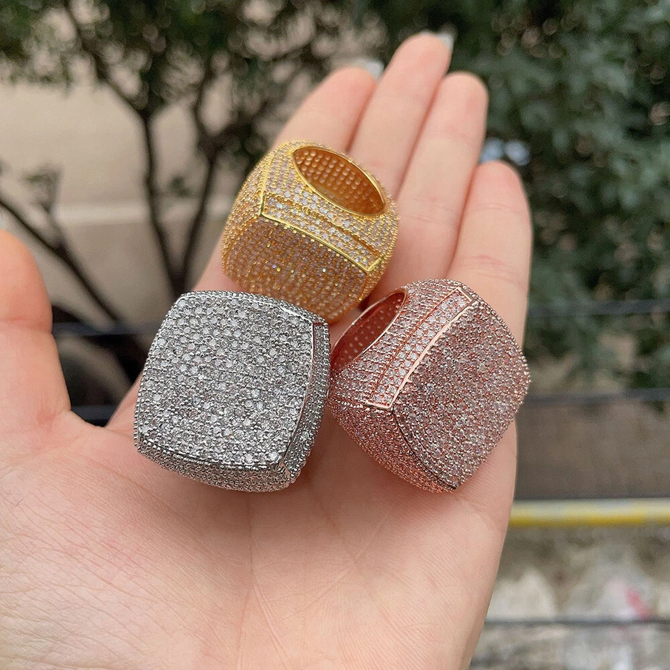 Hip Hop Full 5A Zircon Square Ring Copper 18K Real Gold Plated Thumb Finger Ring - Image 2 of 4