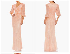 MAC DUGGAL 5614 SEQUINED FAUX WRAP PUFF SLEEVE MAXI PEACH  GOWN 12
