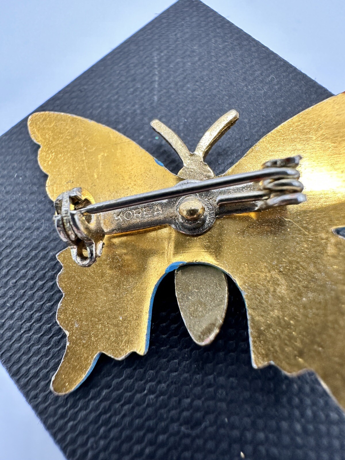 Vintage Hand Painted Bright Blue & Pink Butterfly Brooch Pin Enamel