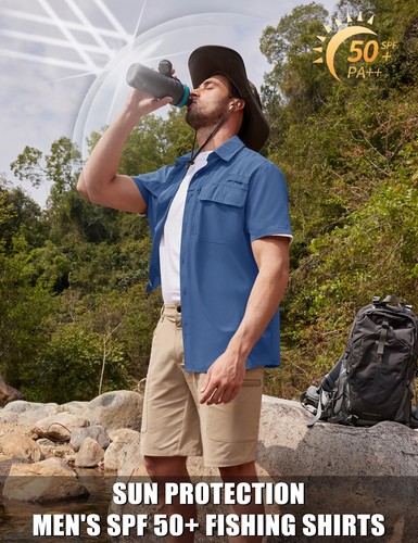 Mens Fishing Shirt Cool Hiking Button Up Quick Dry Short Sleeve UPF50+ Sun Shirt - Picture 36 of 83