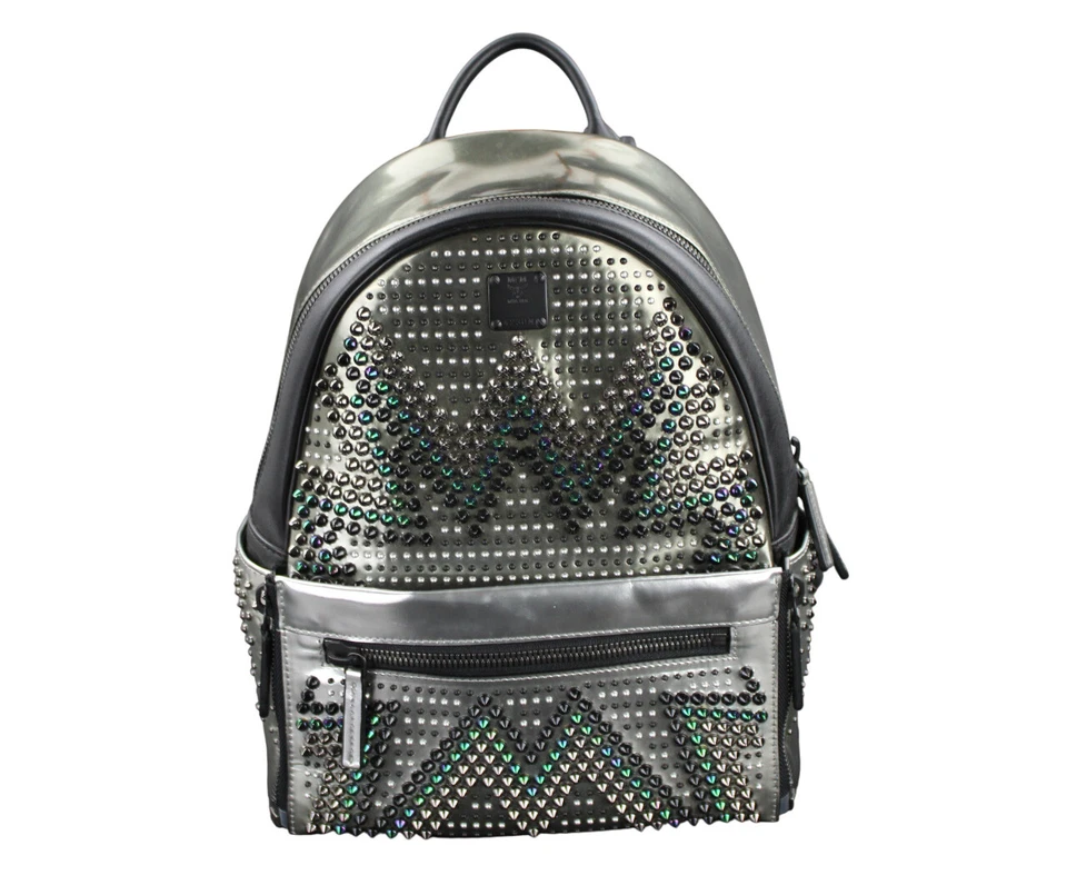 MCM Rucksack Tasche silber metallic schwarz Nieten Damen Medium